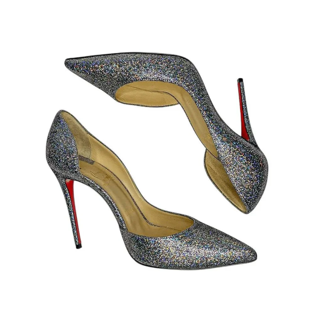 Christian Louboutin Iriza 100 Nappa Mica Silver Glitter Pumps EU 37 d'Orsay Heel